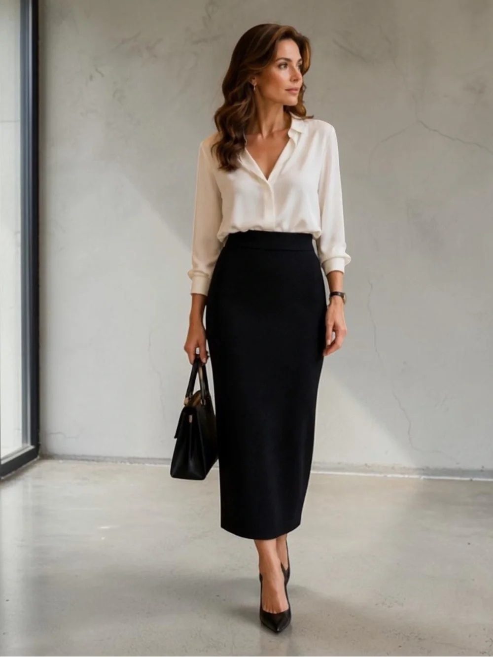 St. John Basics Black Santana Knit Long Pull-On Skirt with Back Slit Size 6